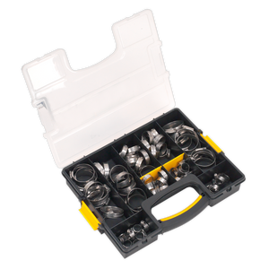 The Sealey Hose Clip Assortment 90pc Stainless Steel Ø10-57mm - SHCSS90AC is a plastic compartment box with a clear lid containing various sizes of stainless steel hose clips. Built to DIN 3017 standards, the box features a black base with yellow clasps and a carrying handle.