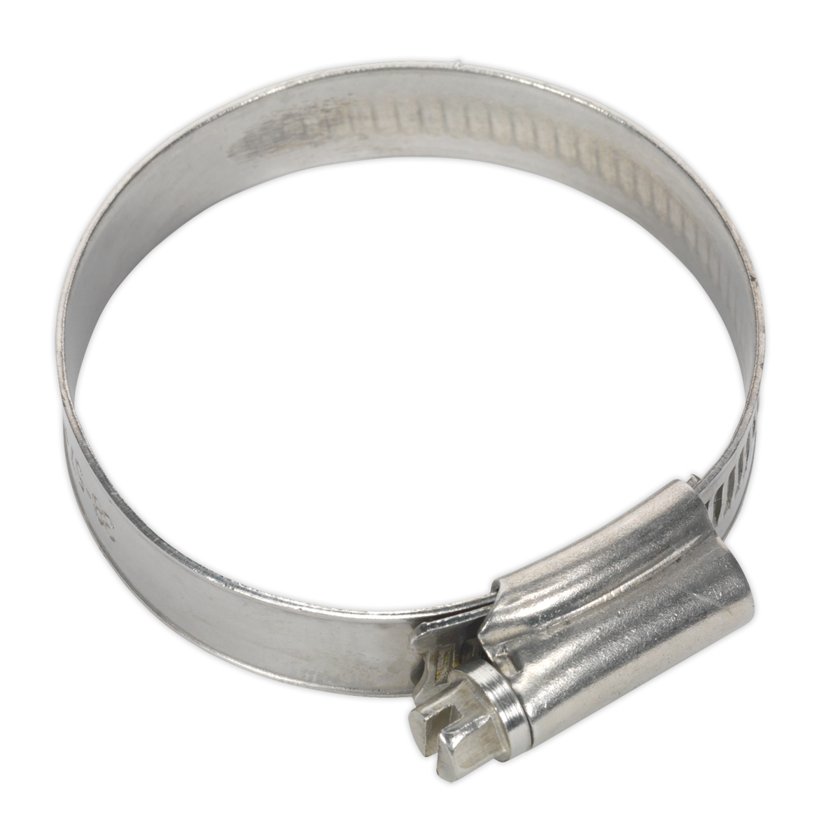 A Sealey Hose Clip Stainless Steel Ø38-57mm (SHCSSM), compliant with DIN 3017, is displayed in a fully open position against a white background. The metallic hose clamp features a screw mechanism and suits diameters ranging from 38mm to 57mm.