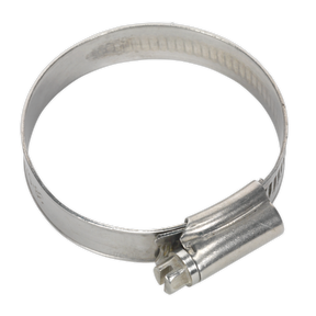 A Sealey Hose Clip Stainless Steel Ø38-57mm (SHCSSM), compliant with DIN 3017, is displayed in a fully open position against a white background. The metallic hose clamp features a screw mechanism and suits diameters ranging from 38mm to 57mm.
