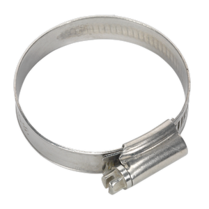 A Sealey Hose Clip Stainless Steel Ø38-57mm (SHCSSM), compliant with DIN 3017, is displayed in a fully open position against a white background. The metallic hose clamp features a screw mechanism and suits diameters ranging from 38mm to 57mm.