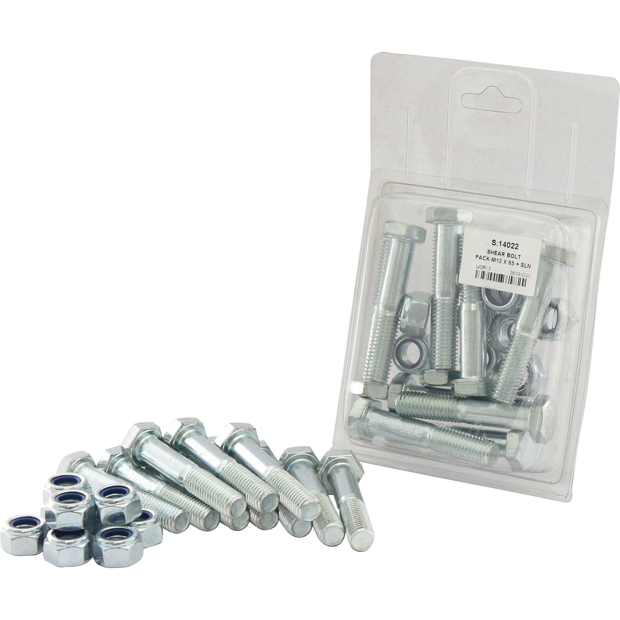 A pack of Sparex Shear Bolts and Nuts (M12x65mm, 10 pcs. Agripak) with some spilled out in front. The clear, labeled package shows multiple shear bolts and nuts of the same type, marked with Sparex Part No.S.14022.