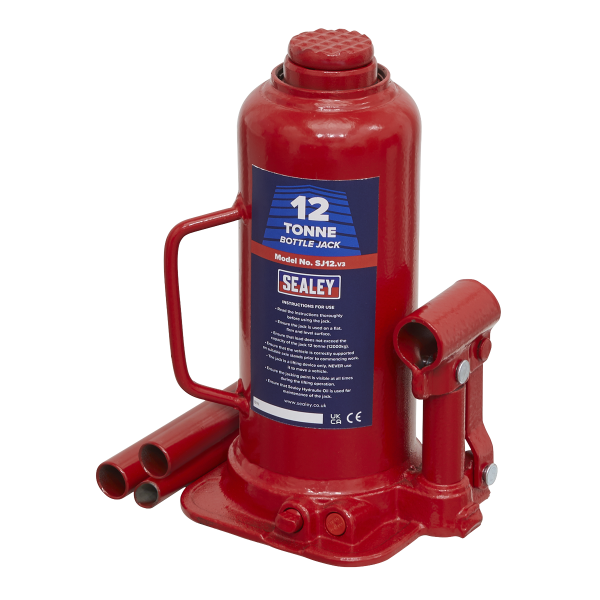 The SJ12 Bottle Jack by Sealey is a robust 12-tonne capacity jack in red, featuring an upright cylinder, carrying handle, and two detachable extension tubes. Designed for durability, it also comes equipped with an overload valve for enhanced safety.