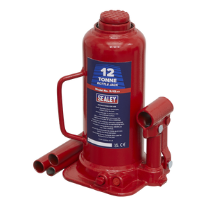 The SJ12 Bottle Jack by Sealey is a robust 12-tonne capacity jack in red, featuring an upright cylinder, carrying handle, and two detachable extension tubes. Designed for durability, it also comes equipped with an overload valve for enhanced safety.