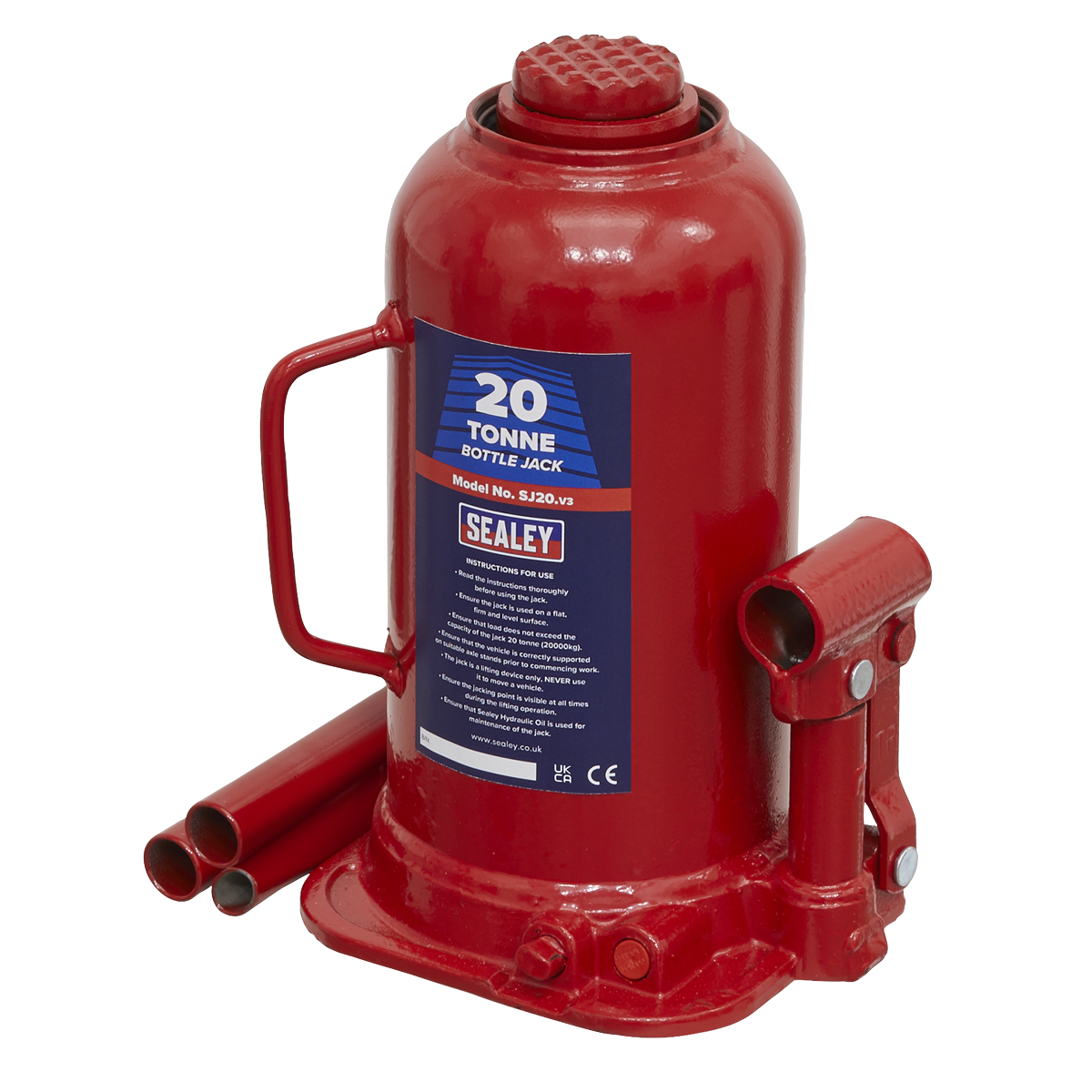 The Sealey Bottle Jack 20 Tonne - SJ20 features a machine-welded frame, a carrying handle for easy transport, and a label displaying specifications, all in a striking red color.