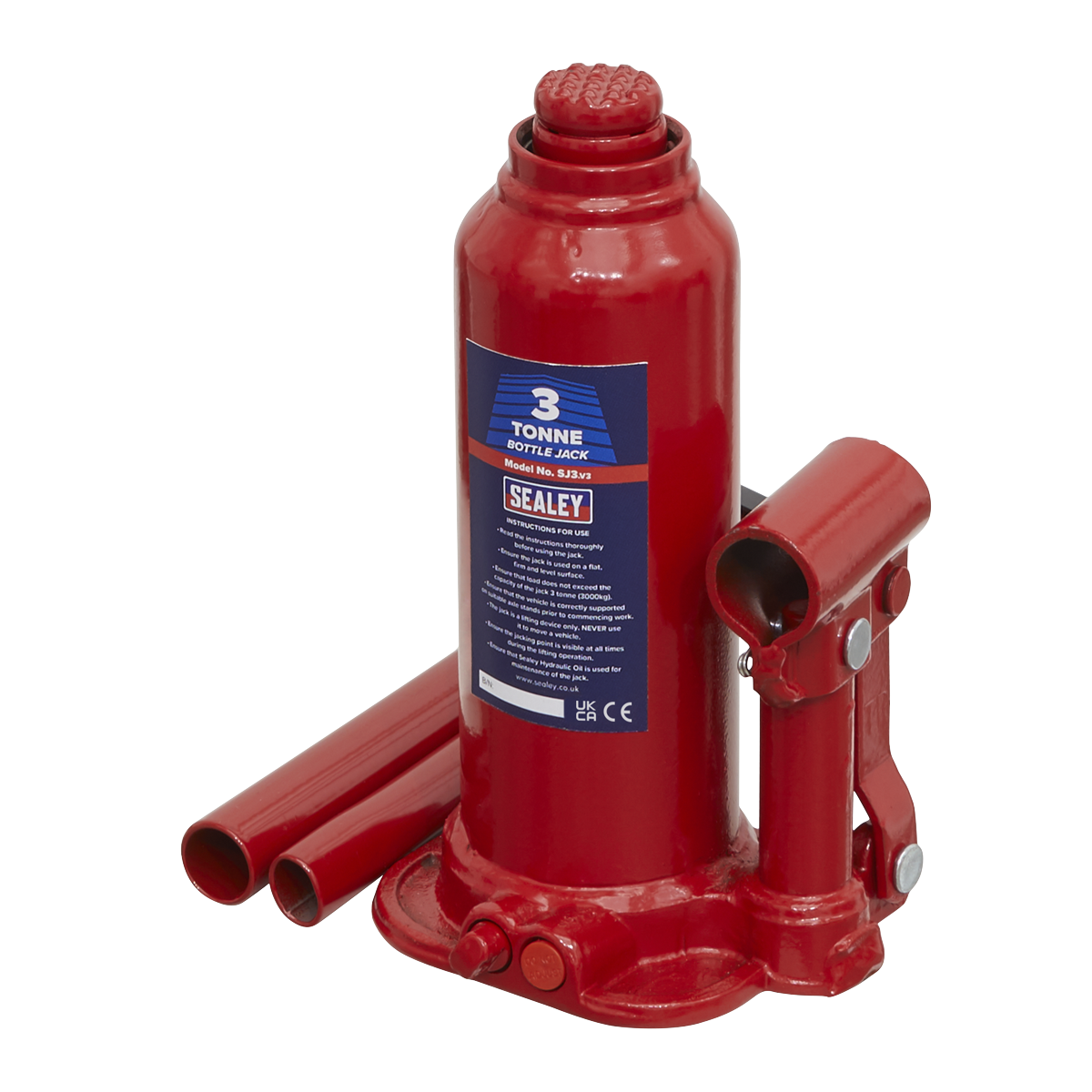 A red Sealey Bottle Jack 3 Tonne - SJ3 featuring a 2-piece handle and two separate lever arms placed next to it.