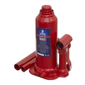 A red Sealey Bottle Jack 3 Tonne - SJ3 featuring a 2-piece handle and two separate lever arms placed next to it.