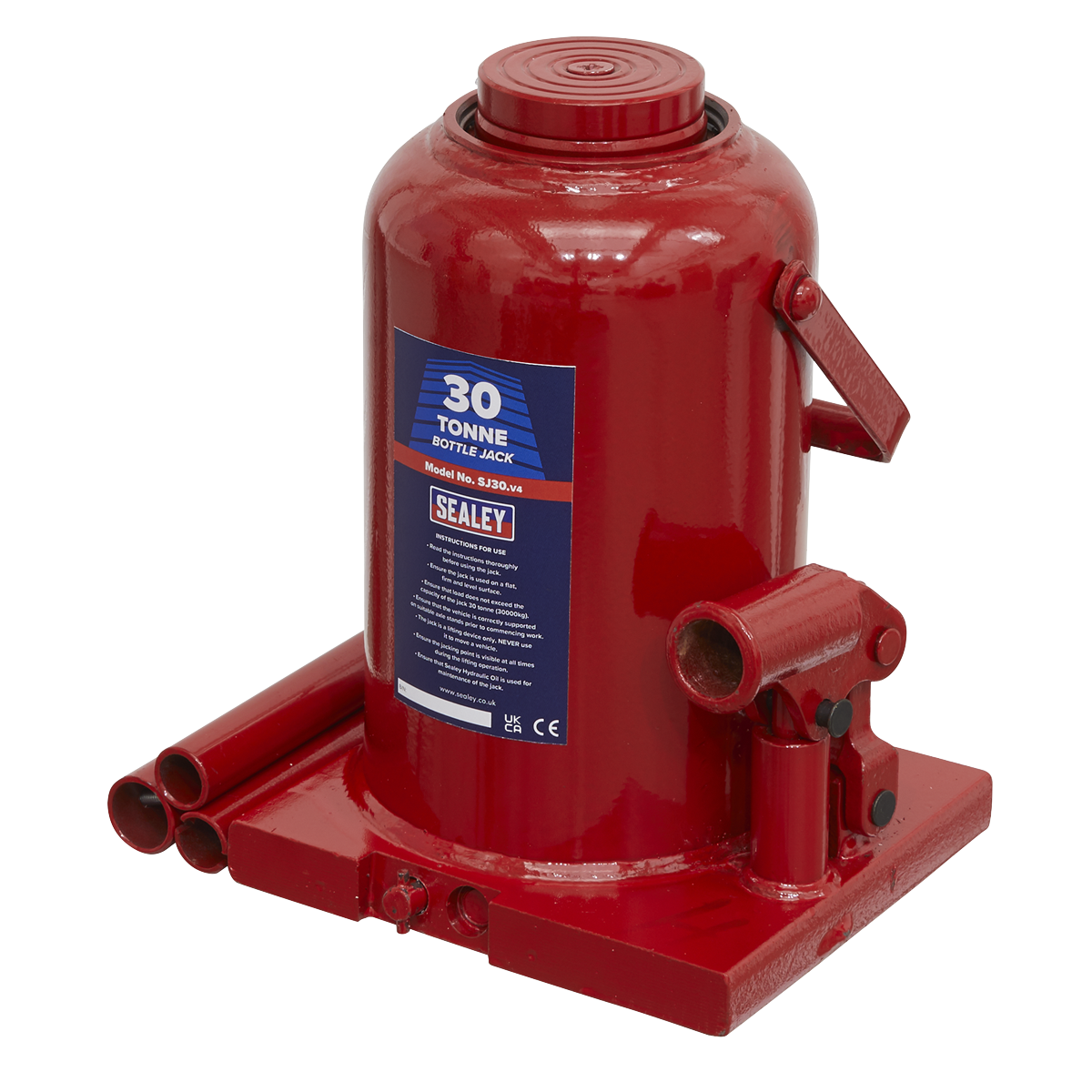 The Sealey Bottle Jack 30 Tonne - SJ30, featuring a red body with clear labeling, a sturdy carrying handle, and a well-designed base and reservoir, is perfect for lifting heavy objects.