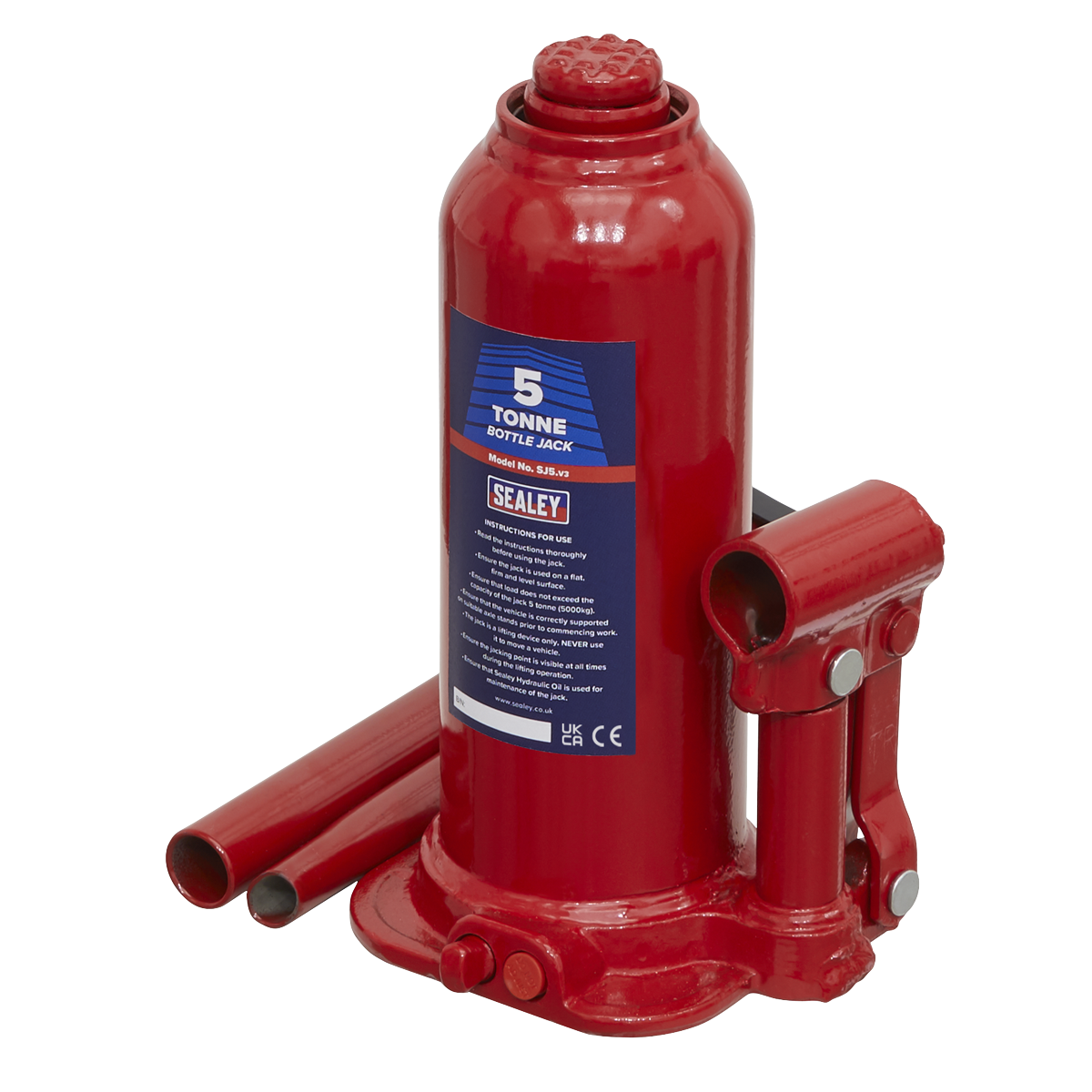 A red Sealey Bottle Jack 5 Tonne - SJ5 with a 2-piece handle and detached parts, designed for lifting heavy objects, featuring an overload valve for added safety.