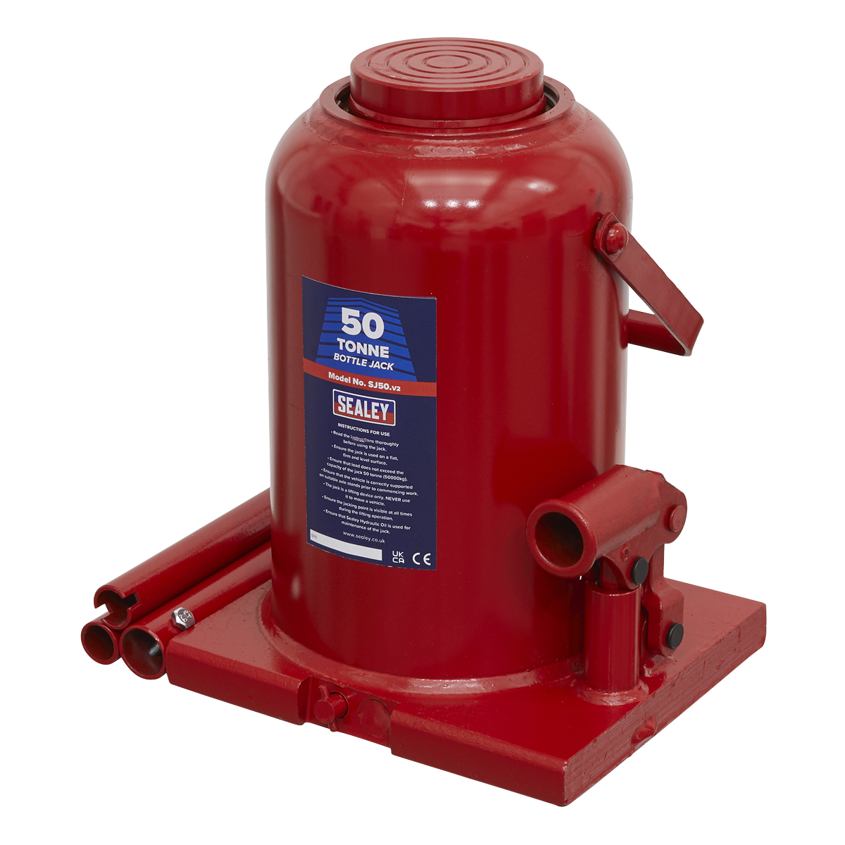 A Sealey Bottle Jack 50 Tonne - SJ50 in red, equipped with a handle for manual operation, an overload valve for safety, and a sturdy base.