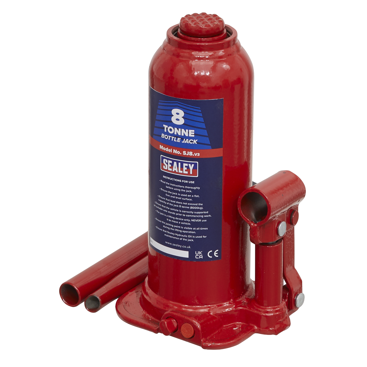 A red Sealey Bottle Jack, Model No. SJ8, with an 8-tonne capacity, includes a 2pc handle and an overload valve for safely lifting heavy objects.