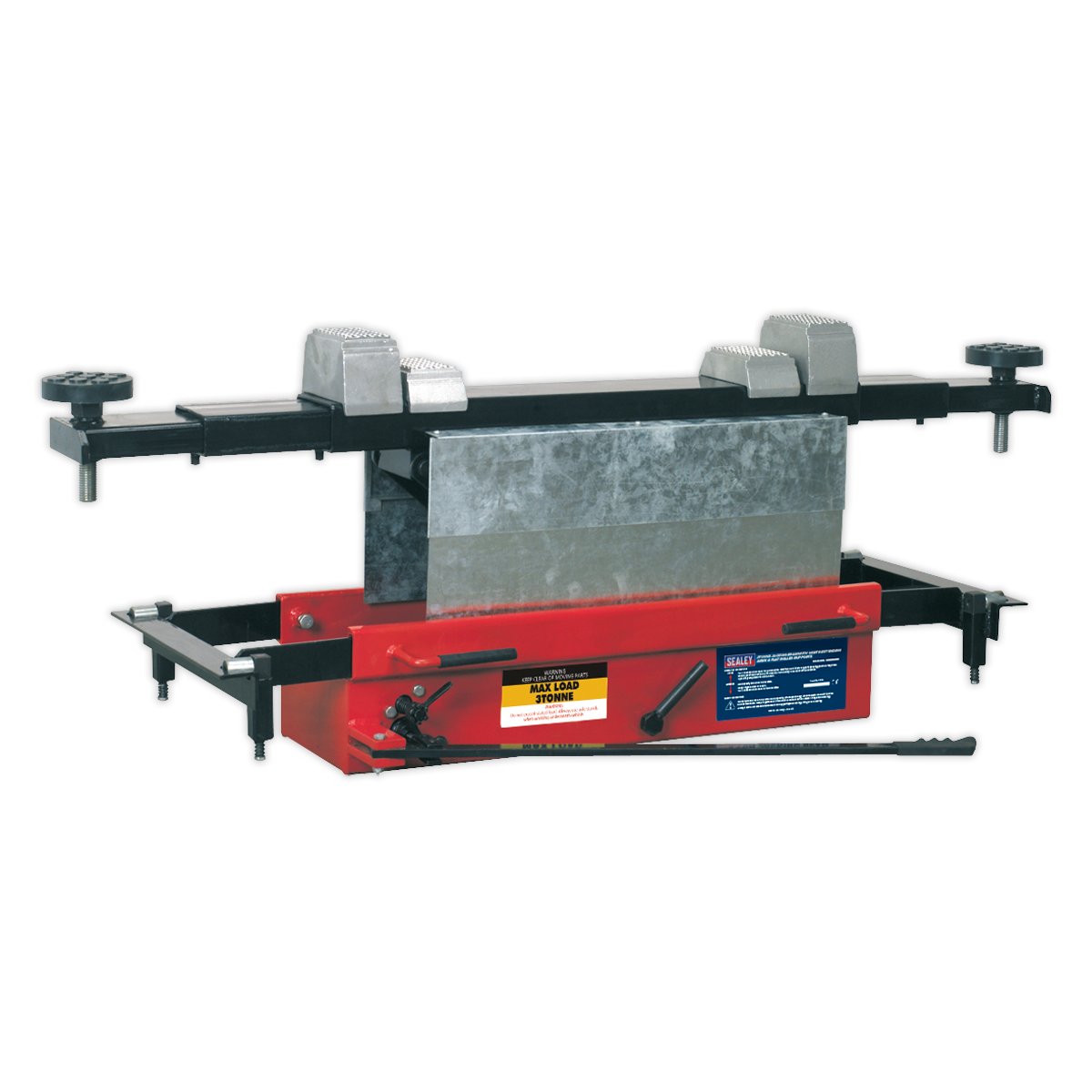 The Sealey Jacking Beam 3 Tonne with Arm Extenders & Flat Roller Supports - SJBEX300 is a heavy-duty tool featuring adjustable clamps, aluminum support blocks, and levers, designed for shaping and bending large metal sheets or pipes.