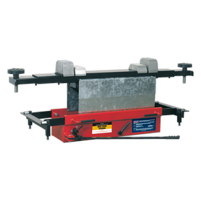 The Sealey Jacking Beam 3 Tonne with Arm Extenders & Flat Roller Supports - SJBEX300 is a heavy-duty tool featuring adjustable clamps, aluminum support blocks, and levers, designed for shaping and bending large metal sheets or pipes.