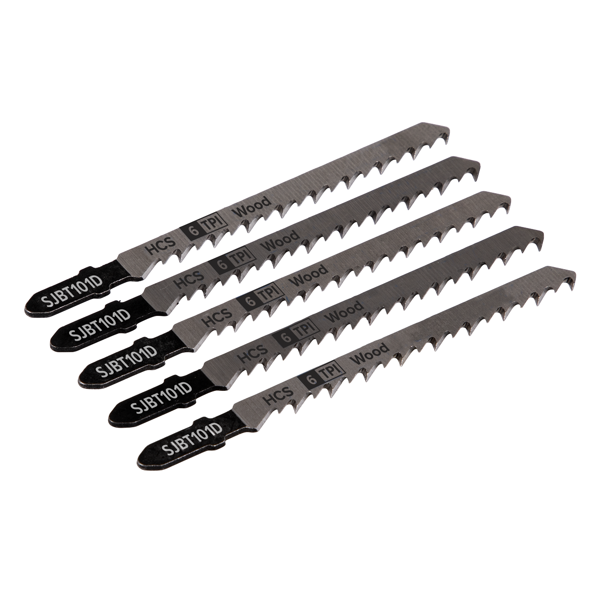 Four Sealey jigsaw blades, labeled "Jigsaw Blade Hard Wood 100mm 6tpi - Pack of 5 - SJBT101D," are arranged parallel to each other on a white background. These HCS blades are designed for cutting through harder woods with jigsaws.