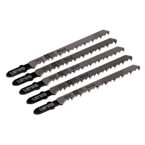 Four Sealey jigsaw blades, labeled "Jigsaw Blade Hard Wood 100mm 6tpi - Pack of 5 - SJBT101D," are arranged parallel to each other on a white background. These HCS blades are designed for cutting through harder woods with jigsaws.