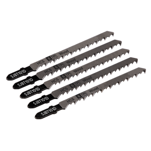 Four Sealey jigsaw blades, labeled "Jigsaw Blade Hard Wood 100mm 6tpi - Pack of 5 - SJBT101D," are arranged parallel to each other on a white background. These HCS blades are designed for cutting through harder woods with jigsaws.