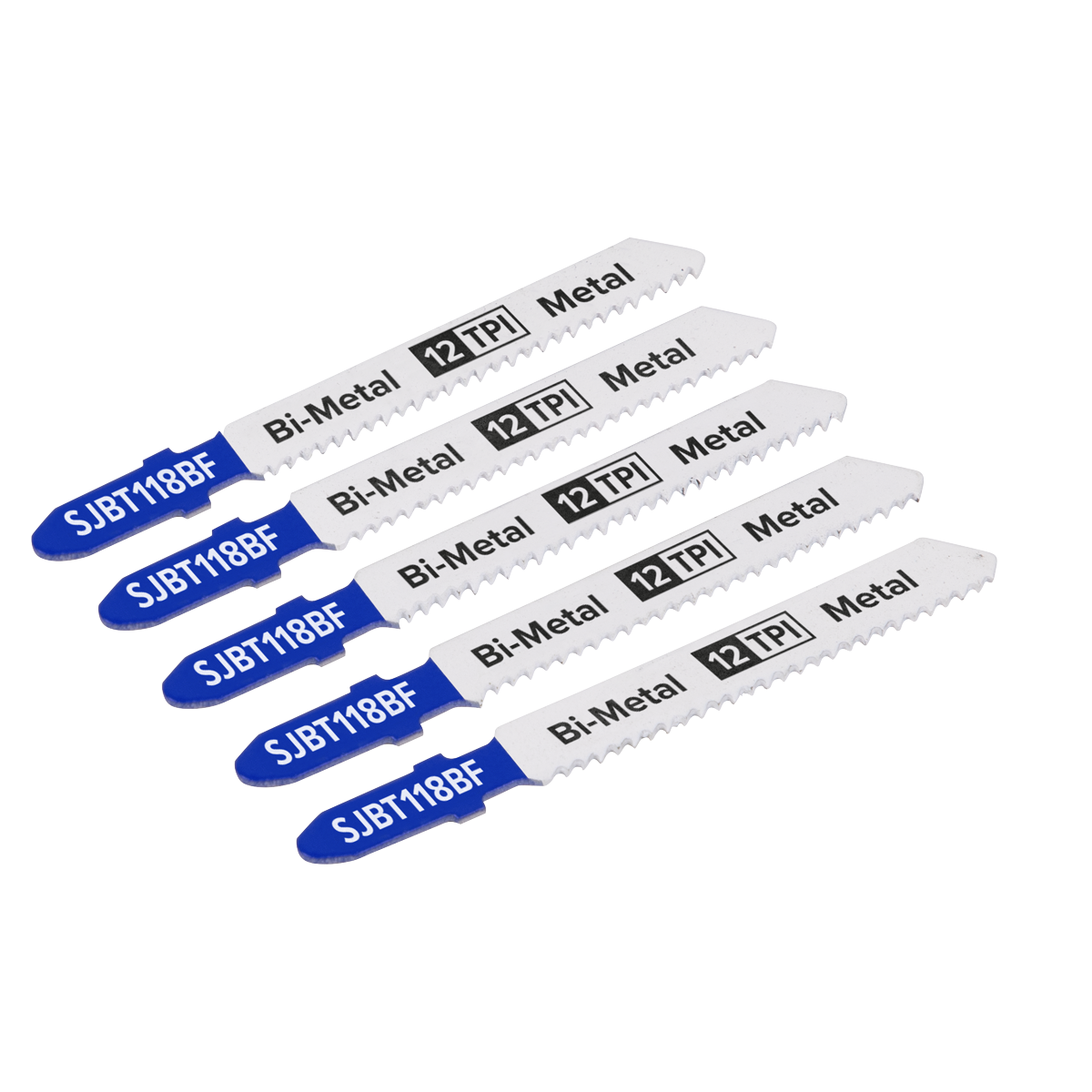 Five Sealey jigsaw blades, labeled "SJBT118BF" and "12 TPI," designed with bi-metal for cutting metals, precisely arranged in a row.