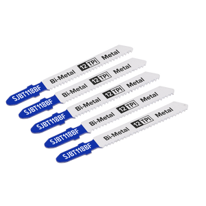 Five Sealey jigsaw blades, labeled "SJBT118BF" and "12 TPI," designed with bi-metal for cutting metals, precisely arranged in a row.