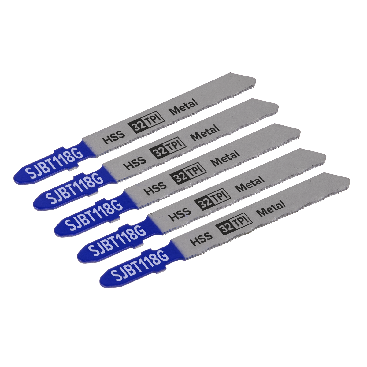 Five identical Sealey Jigsaw Blades for metal, each 75mm long with 32 TPI, labeled "SJBT118G," packed in a set of five.