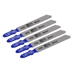 Five identical Sealey Jigsaw Blades for metal, each 75mm long with 32 TPI, labeled "SJBT118G," packed in a set of five.