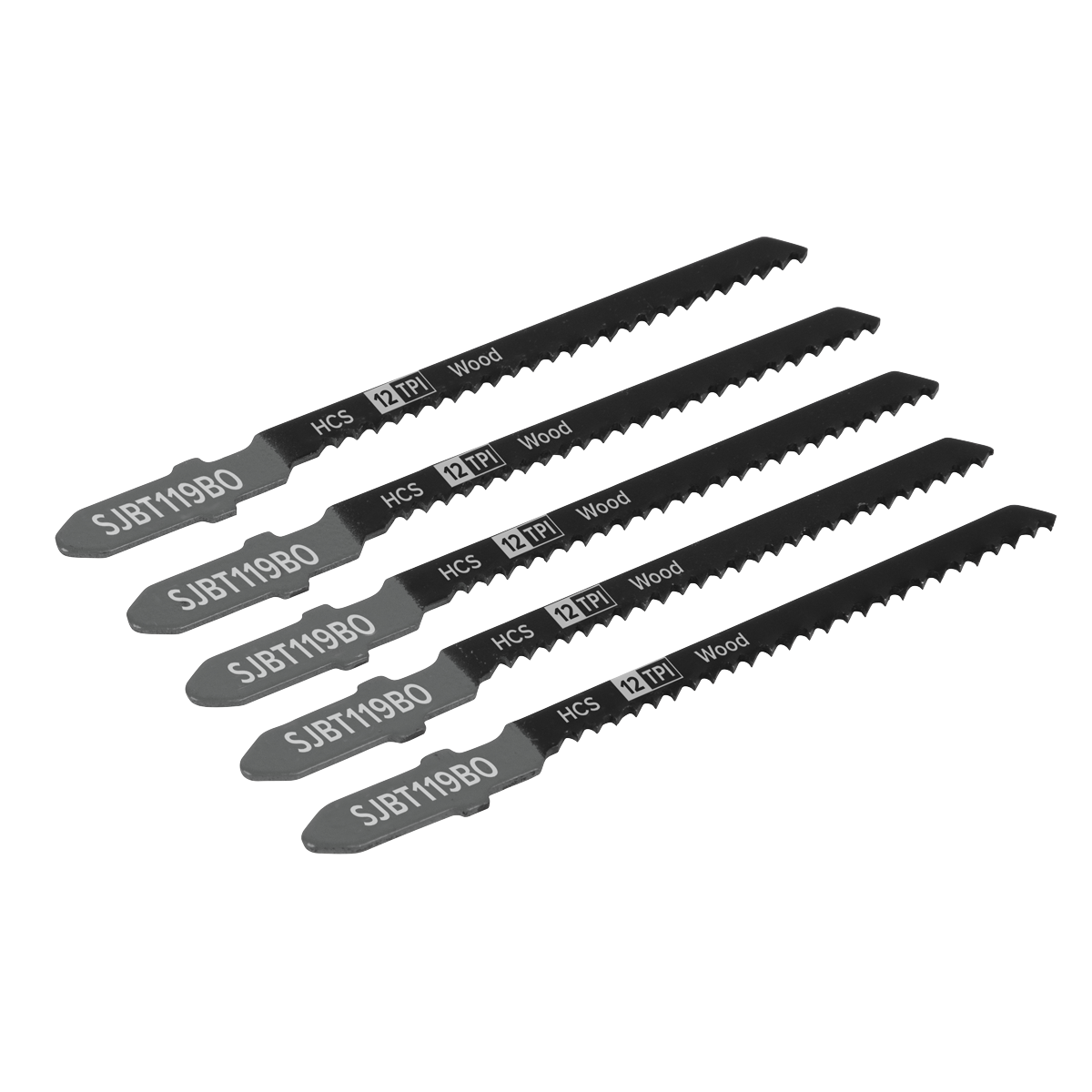 A set of five jigsaw blades labeled "SJBT119BO," branded by Sealey, measuring 75mm with 12 TPI and designed for wood, perfect for jigsaws and ideal for cutting curves with precision.