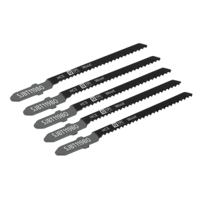 A set of five jigsaw blades labeled "SJBT119BO," branded by Sealey, measuring 75mm with 12 TPI and designed for wood, perfect for jigsaws and ideal for cutting curves with precision.