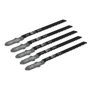 A set of five jigsaw blades labeled "SJBT119BO," branded by Sealey, measuring 75mm with 12 TPI and designed for wood, perfect for jigsaws and ideal for cutting curves with precision.