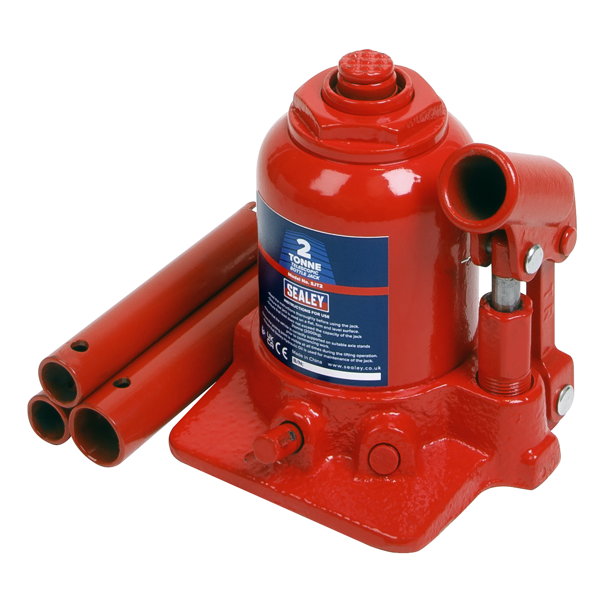 Image of a red Sealey Bottle Jack 2 Tonne Telescopic - SJT2 with dual-stage rams and a labeled capacity of 2 tonnes, alongside three cylindrical extension rods placed beside it. An overload valve ensures safety during operation.