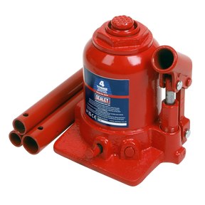 The Sealey Bottle Jack 4 Tonne Telescopic - SJT4 features a red cylindrical body, a handle, and three detachable lever bars. It offers a lifting capacity of 4 tonnes and includes an overload valve for added safety. Additionally, this hydraulic jack is equipped with dual-stage rams for extended travel during lifting operations.