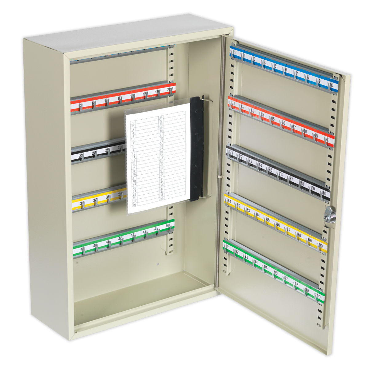 The Sealey SKC100D Key Cabinet 100 Key Capacity Deep features an open metal design with multiple rows of colorful key hooks, a transparent label sheet, and a corrosion-resistant cam type lock on the right side of the door.