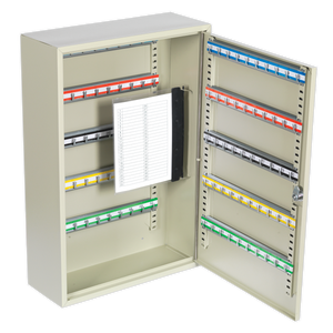 The Sealey SKC100D Key Cabinet 100 Key Capacity Deep features an open metal design with multiple rows of colorful key hooks, a transparent label sheet, and a corrosion-resistant cam type lock on the right side of the door.