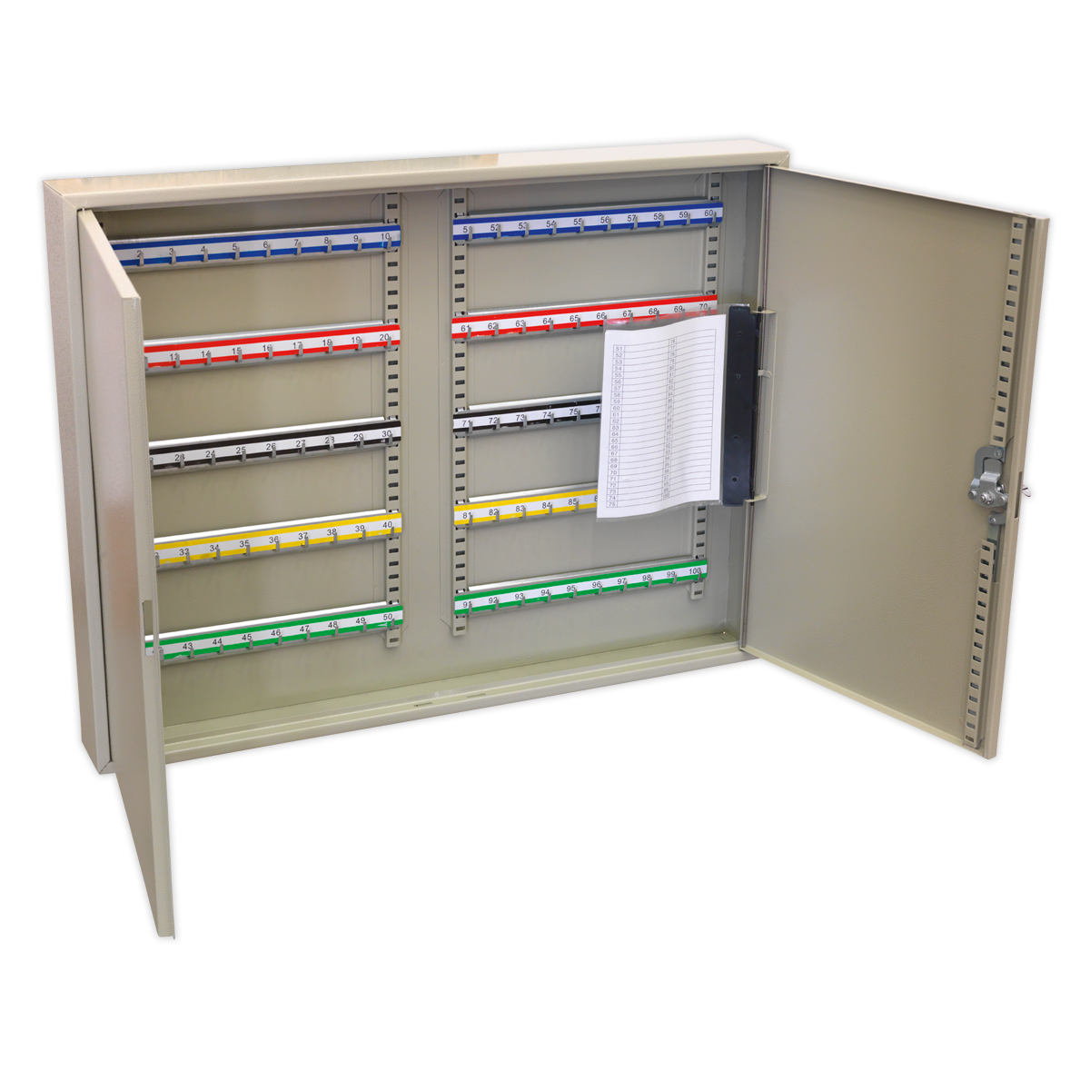 The Sealey Key Cabinet 100 Key Capacity Wide (SKC100W) is a metallic cabinet with an open door, revealing multiple rows of colored key tags and a clipboard with paper attached to the interior of the door, showcasing its steel construction for added durability.