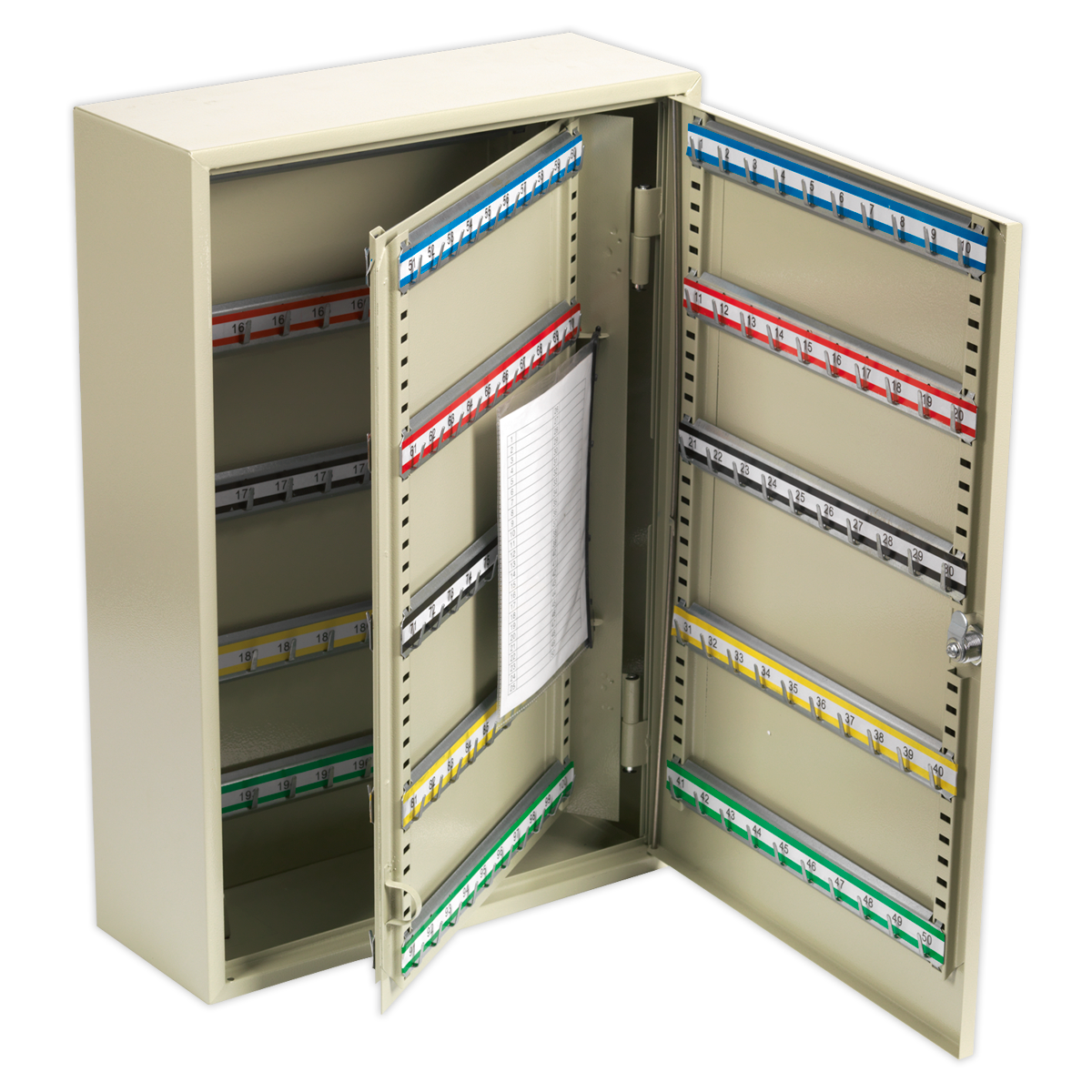 The Sealey Key Cabinet 200 Key Capacity - SKC200 features an open metal design with a cam type lock, colour-coded hook bars for key organization, a mounted key index sheet, and multiple rows of colored key tags.