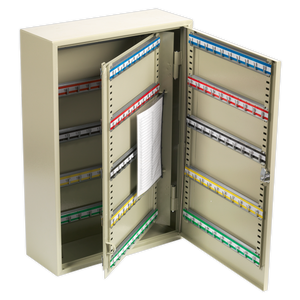 The Sealey Key Cabinet 200 Key Capacity - SKC200 features an open metal design with a cam type lock, colour-coded hook bars for key organization, a mounted key index sheet, and multiple rows of colored key tags.