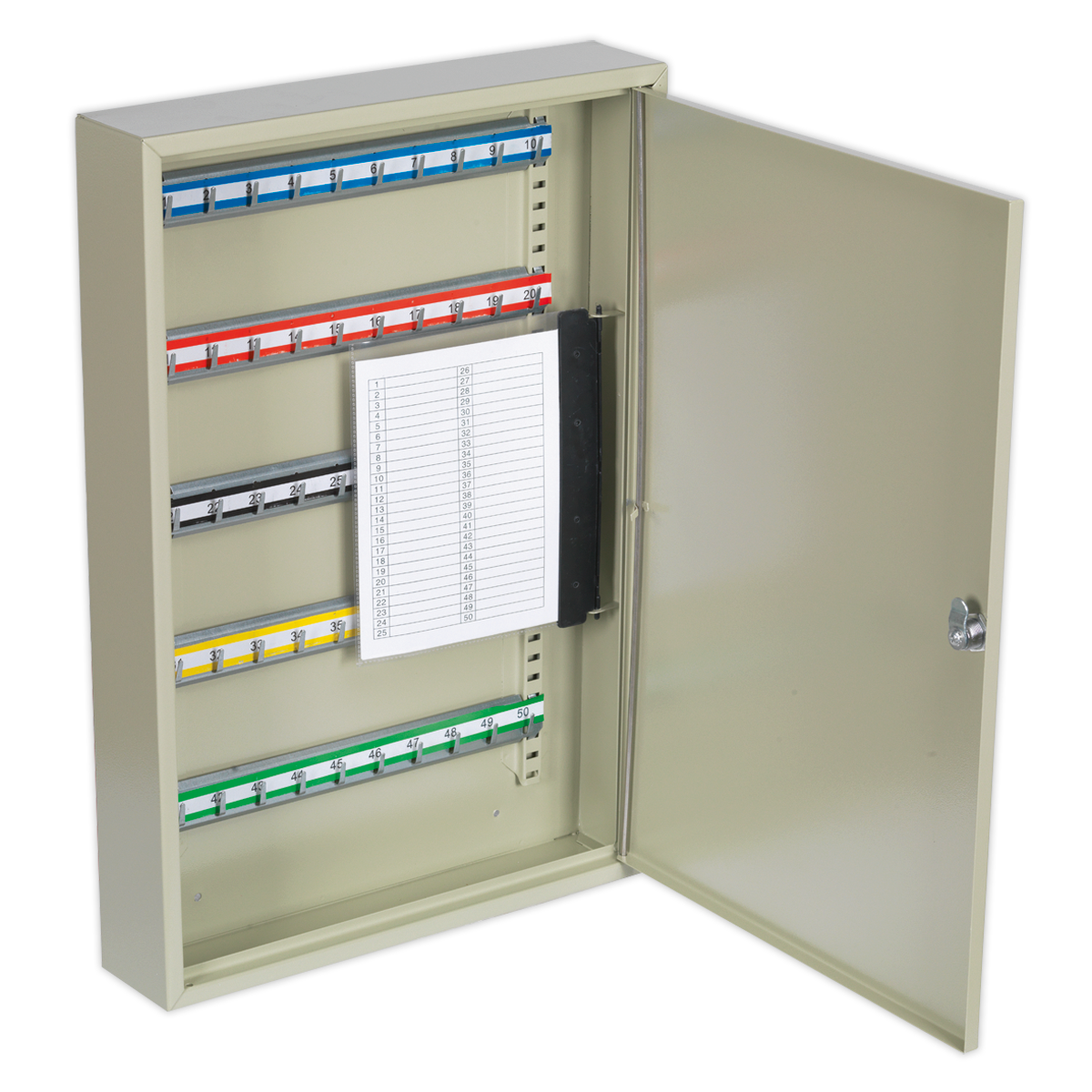 The Sealey Key Cabinet 50 Key Capacity - SKC50, with its open door, reveals several rows of colored, adjustable hook bars and a hanging log sheet for key management, ensuring easy key location.