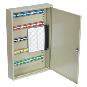 The Sealey Key Cabinet 50 Key Capacity - SKC50, with its open door, reveals several rows of colored, adjustable hook bars and a hanging log sheet for key management, ensuring easy key location.