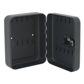 The Sealey Key Cabinet 20 Key Tumbler Lock - SKC820 is a black, open key cabinet with seamless steel construction. It features hooks visible on the inside of the door and back panel, but no keys are included. Mounting screws ensure secure placement.