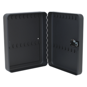 Introducing the Sealey Key Cabinet 36 Key Tumbler Lock - SKC836, featuring an open black metal key lock box with seamless steel construction and multiple key slots on the inside of both doors. The durable coating ensures longevity, but please note that no keys are included in the box.