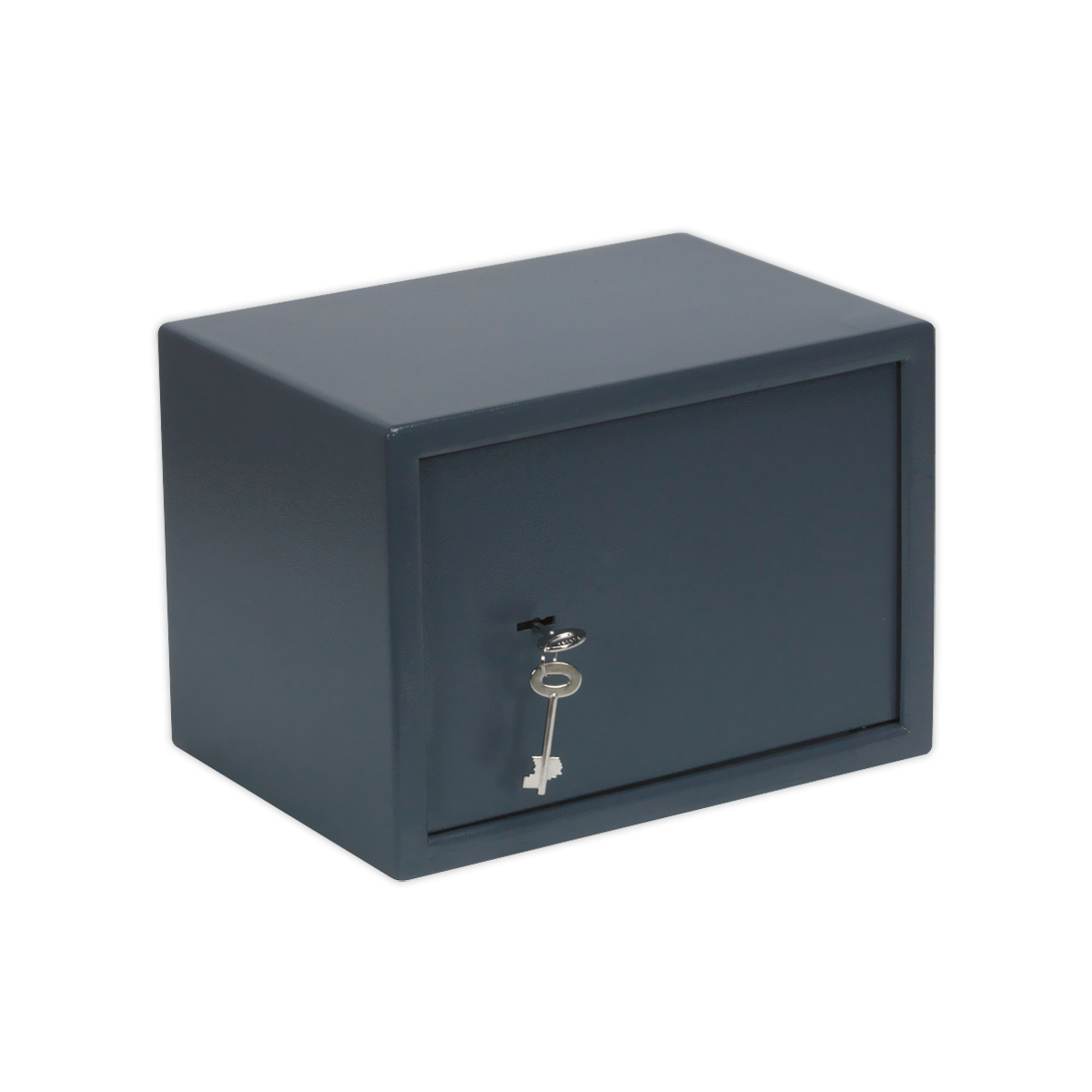 A compact Sealey Key Lock Security Safe, model SKS01 (350 x 250 x 250mm), in gray, featuring a key lock on the front and constructed from heavy-duty steel.