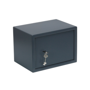 A compact Sealey Key Lock Security Safe, model SKS01 (350 x 250 x 250mm), in gray, featuring a key lock on the front and constructed from heavy-duty steel.