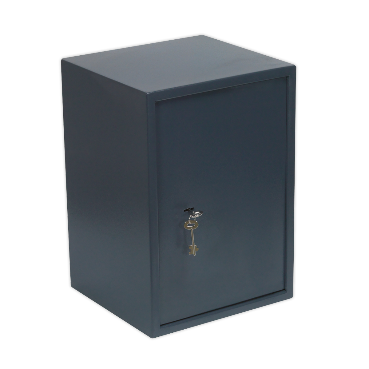 The Sealey Key Lock Security Safe SKS04 features a robust, dark grey metal lockbox with a vertical orientation and a compact design. Constructed from heavy-duty steel, the safe measures 350 x 330 x 500mm and includes a key inserted into the front lock with the keyring hanging from it.