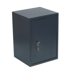 The Sealey Key Lock Security Safe SKS04 features a robust, dark grey metal lockbox with a vertical orientation and a compact design. Constructed from heavy-duty steel, the safe measures 350 x 330 x 500mm and includes a key inserted into the front lock with the keyring hanging from it.