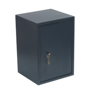 The Sealey Key Lock Security Safe SKS04 features a robust, dark grey metal lockbox with a vertical orientation and a compact design. Constructed from heavy-duty steel, the safe measures 350 x 330 x 500mm and includes a key inserted into the front lock with the keyring hanging from it.