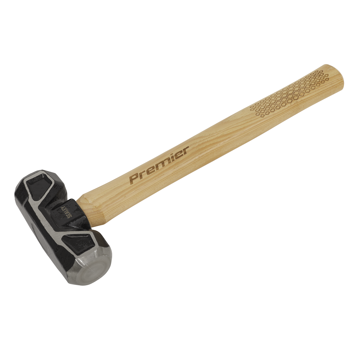 A 4lb sledge hammer with a hickory shaft, branded by Sealey as "Premier Hand Tools," engraved on the handle. The head of the SLH041 is crafted from carbon steel and features a rubber coating on one side.