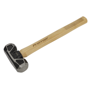 A 4lb sledge hammer with a hickory shaft, branded by Sealey as "Premier Hand Tools," engraved on the handle. The head of the SLH041 is crafted from carbon steel and features a rubber coating on one side.