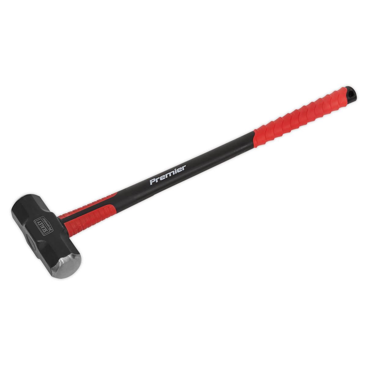 A black and red sledgehammer with a branded "Sealey" handle, featuring a dual-faced, heavy-duty carbon steel head, brought to you by Sealey: the Sledge Hammer 14lb Fibreglass Shaft - SLHF141.