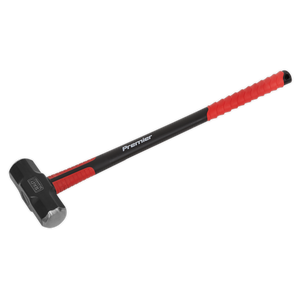 A black and red sledgehammer with a branded "Sealey" handle, featuring a dual-faced, heavy-duty carbon steel head, brought to you by Sealey: the Sledge Hammer 14lb Fibreglass Shaft - SLHF141.