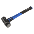 A sledgehammer with a black and blue handle labeled "Sealey," weighing 4lb (1800g), this tool boasts exceptional durability with its carbon steel head and is identified as the Sledge Hammer with Fibreglass Shaft 4lb Short Handle - SLHG04.