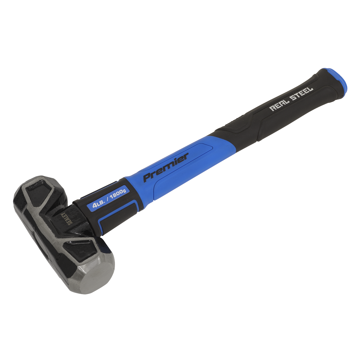 A sledgehammer with a black and blue handle labeled "Sealey," weighing 4lb (1800g), this tool boasts exceptional durability with its carbon steel head and is identified as the Sledge Hammer with Fibreglass Shaft 4lb Short Handle - SLHG04.