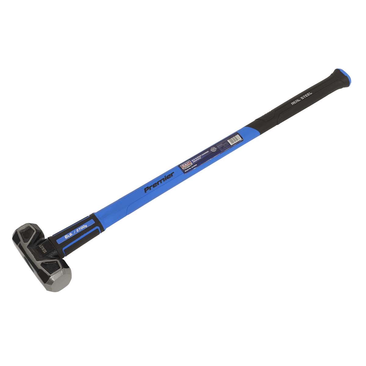 A blue and black Sealey sledgehammer with a metal head and long fibreglass shaft, labeled "Sledge Hammer with Fibreglass Shaft 6lb - SLHG06" and "drop-forged carbon steel.