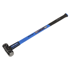 A blue and black Sealey sledgehammer with a metal head and long fibreglass shaft, labeled "Sledge Hammer with Fibreglass Shaft 6lb - SLHG06" and "drop-forged carbon steel.